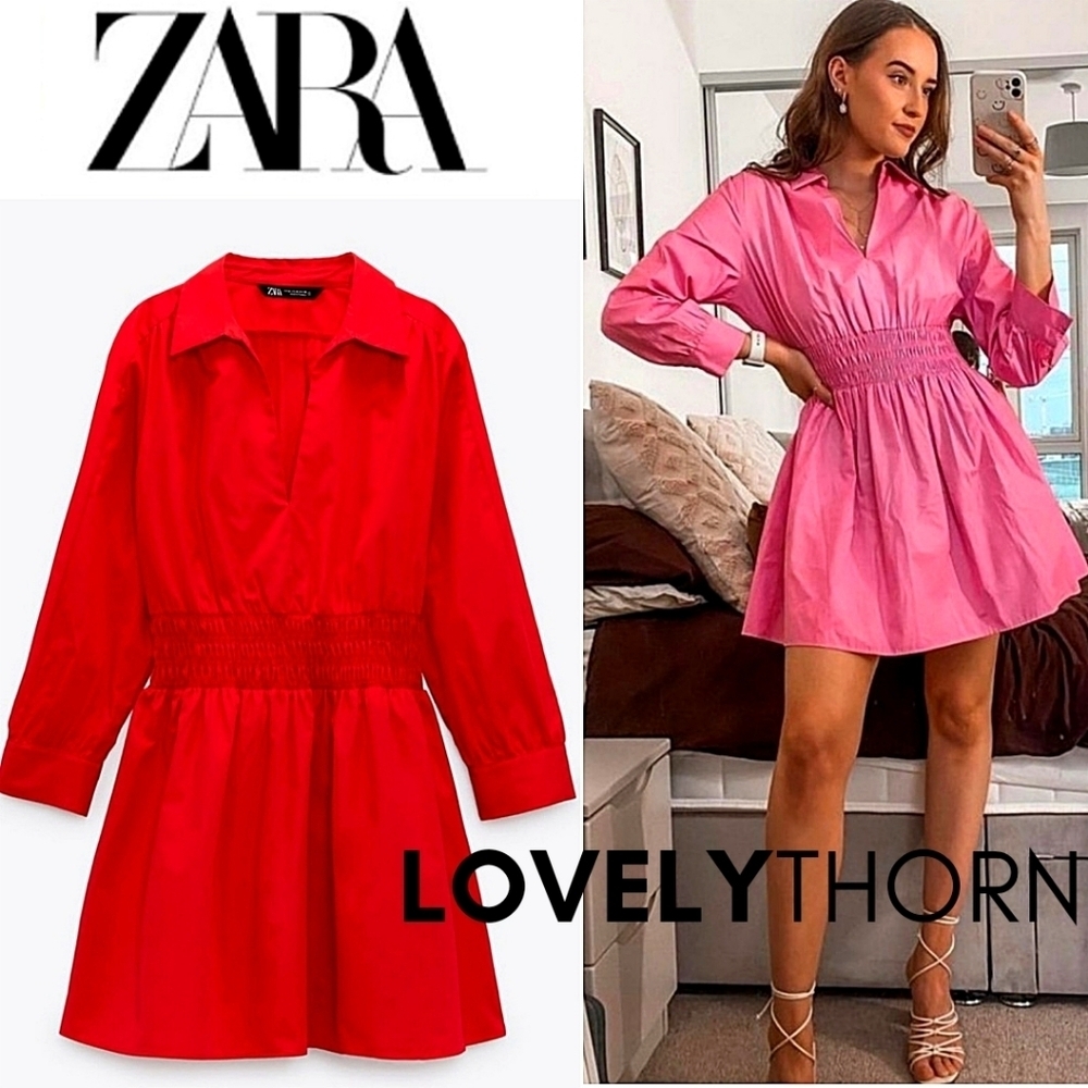 ZARA // retro-chic red poplin collar smock waist long sleeve plunge mini dress - Picture 3 of 16